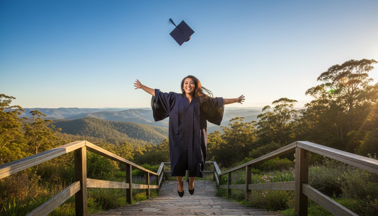 An epic moment of a joyful graduate in full academic regalia, cap thrown high against the stunning backdrop of the Dandenong Ranges near Tremont, Victoria, celebrating their Tremont Victoria graduation photo packages success with a radiant smile.