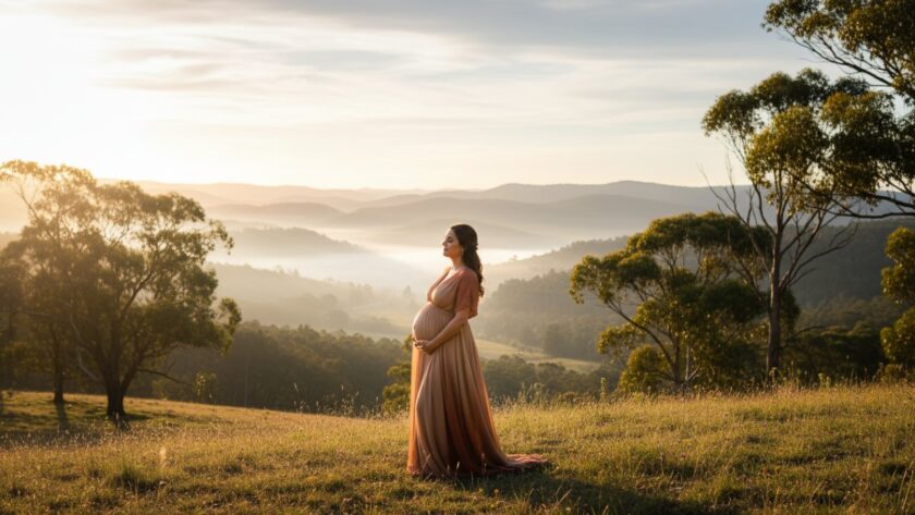 An expectant mother in a flowing gown, silhouetted against a golden Tremont sunset, her belly gently cradled, capturing an epic Tremont Victoria maternity photoshoot outdoor moment.