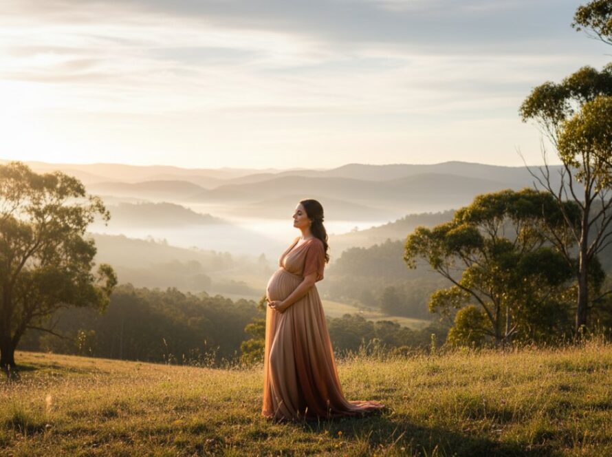 An expectant mother in a flowing gown, silhouetted against a golden Tremont sunset, her belly gently cradled, capturing an epic Tremont Victoria maternity photoshoot outdoor moment.