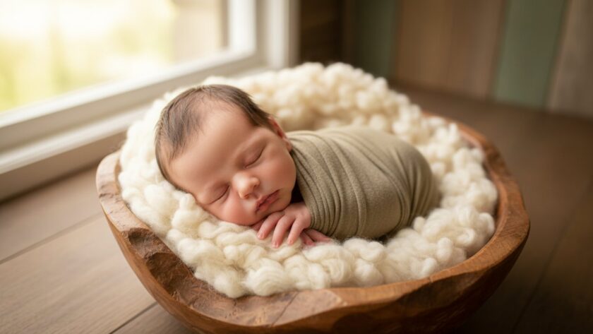 A serene and heartwarming epic moment capturing tremont victoria newborn photography precious moments, featuring a peacefully sleeping baby swaddled in soft, earthy tones, gently nestled in a rustic wooden basket amidst a soft, natural backdrop, bathed in golden hour light, evoking warmth and new beginnings.