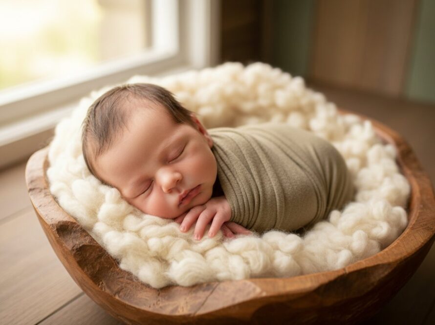 A serene and heartwarming epic moment capturing tremont victoria newborn photography precious moments, featuring a peacefully sleeping baby swaddled in soft, earthy tones, gently nestled in a rustic wooden basket amidst a soft, natural backdrop, bathed in golden hour light, evoking warmth and new beginnings.