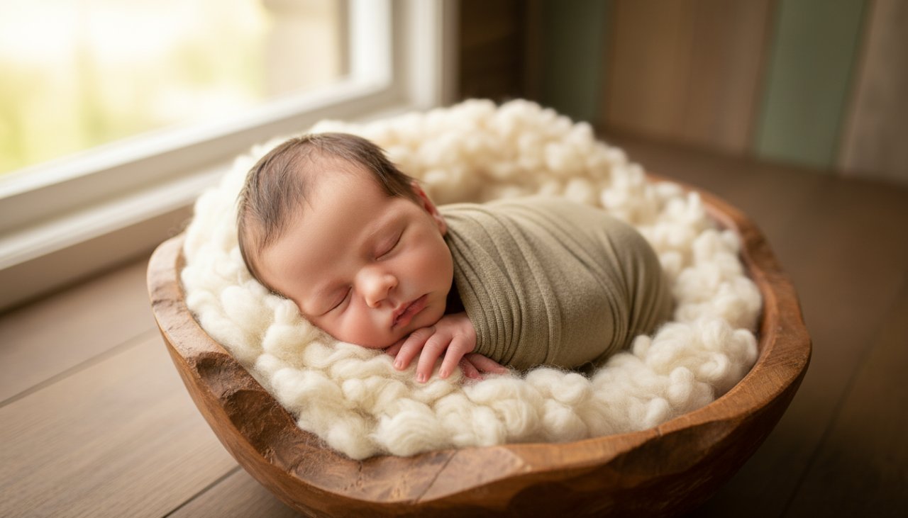 A serene and heartwarming epic moment capturing tremont victoria newborn photography precious moments, featuring a peacefully sleeping baby swaddled in soft, earthy tones, gently nestled in a rustic wooden basket amidst a soft, natural backdrop, bathed in golden hour light, evoking warmth and new beginnings.