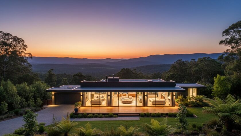 A wide-angle, twilight shot showcasing the stunning architectural details of a luxury home in Tremont, Victoria, with a vibrant sunset over the Dandenong Ranges, illustrating the quality of Tremont Victoria premium real estate photography.