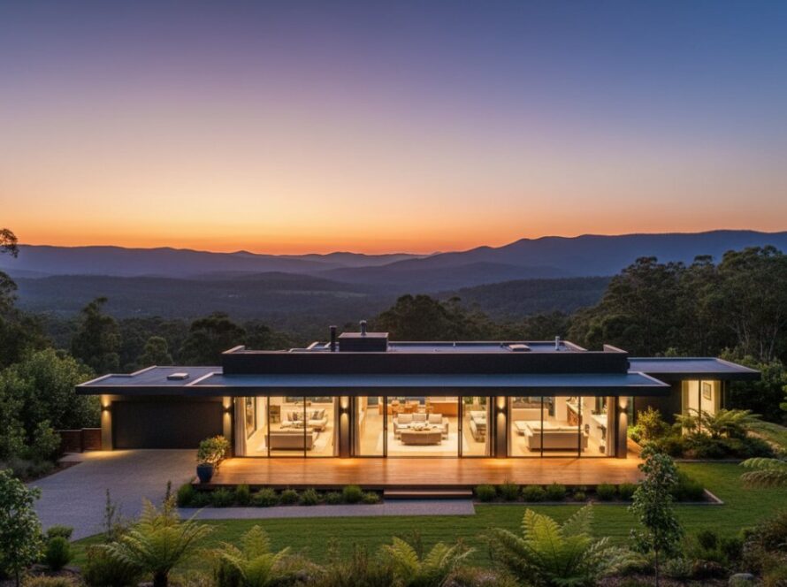 A wide-angle, twilight shot showcasing the stunning architectural details of a luxury home in Tremont, Victoria, with a vibrant sunset over the Dandenong Ranges, illustrating the quality of Tremont Victoria premium real estate photography.