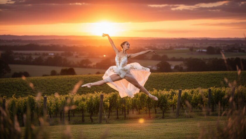 Dynamic wide shot of a ballet dancer mid-air, silhouetted against a dramatic sunset over a Tyabb vineyard, expertly captured by a Tyabb ballet photographer capturing expressive dance moments, showcasing an epic, powerful leap.