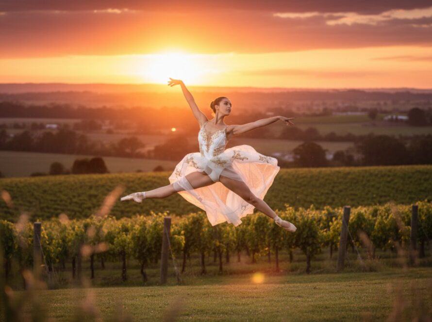 Dynamic wide shot of a ballet dancer mid-air, silhouetted against a dramatic sunset over a Tyabb vineyard, expertly captured by a Tyabb ballet photographer capturing expressive dance moments, showcasing an epic, powerful leap.