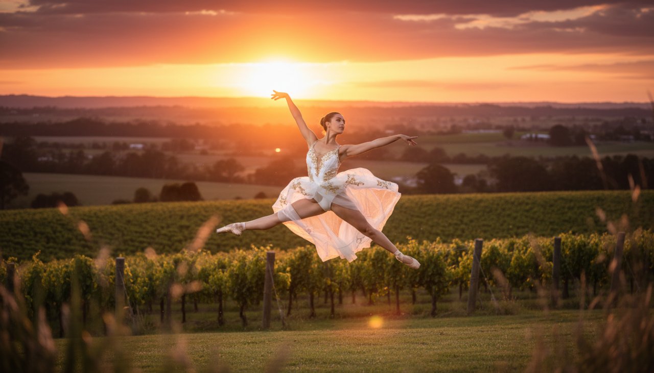 Dynamic wide shot of a ballet dancer mid-air, silhouetted against a dramatic sunset over a Tyabb vineyard, expertly captured by a Tyabb ballet photographer capturing expressive dance moments, showcasing an epic, powerful leap.