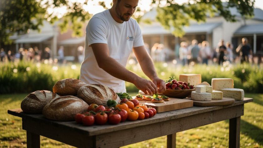 Close-up of a rustic wooden board overflowing with freshly baked sourdough bread, artisanal cheeses, and colourful heirloom tomatoes from a local Tyabb market, beautifully lit by golden hour sun, showcasing Tyabb Victoria artisan food photography.