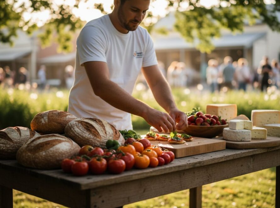 Close-up of a rustic wooden board overflowing with freshly baked sourdough bread, artisanal cheeses, and colourful heirloom tomatoes from a local Tyabb market, beautifully lit by golden hour sun, showcasing Tyabb Victoria artisan food photography.