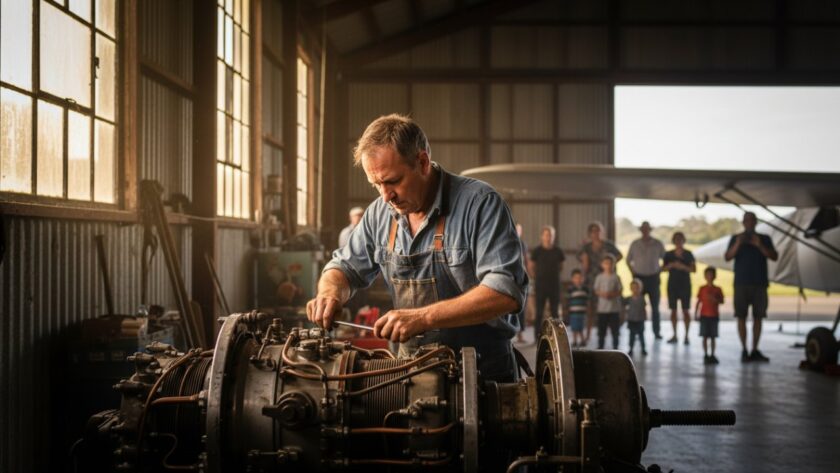 Dynamic wide shot capturing an epic moment of a local artisan working on a classic car at a community event in Tyabb, Victoria, bathed in golden hour light, showcasing Tyabb Victoria Editorial Photography Local Stories with authenticity and visual impact.
