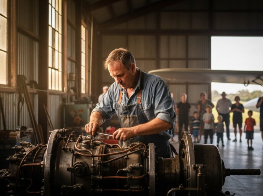 Dynamic wide shot capturing an epic moment of a local artisan working on a classic car at a community event in Tyabb, Victoria, bathed in golden hour light, showcasing Tyabb Victoria Editorial Photography Local Stories with authenticity and visual impact.