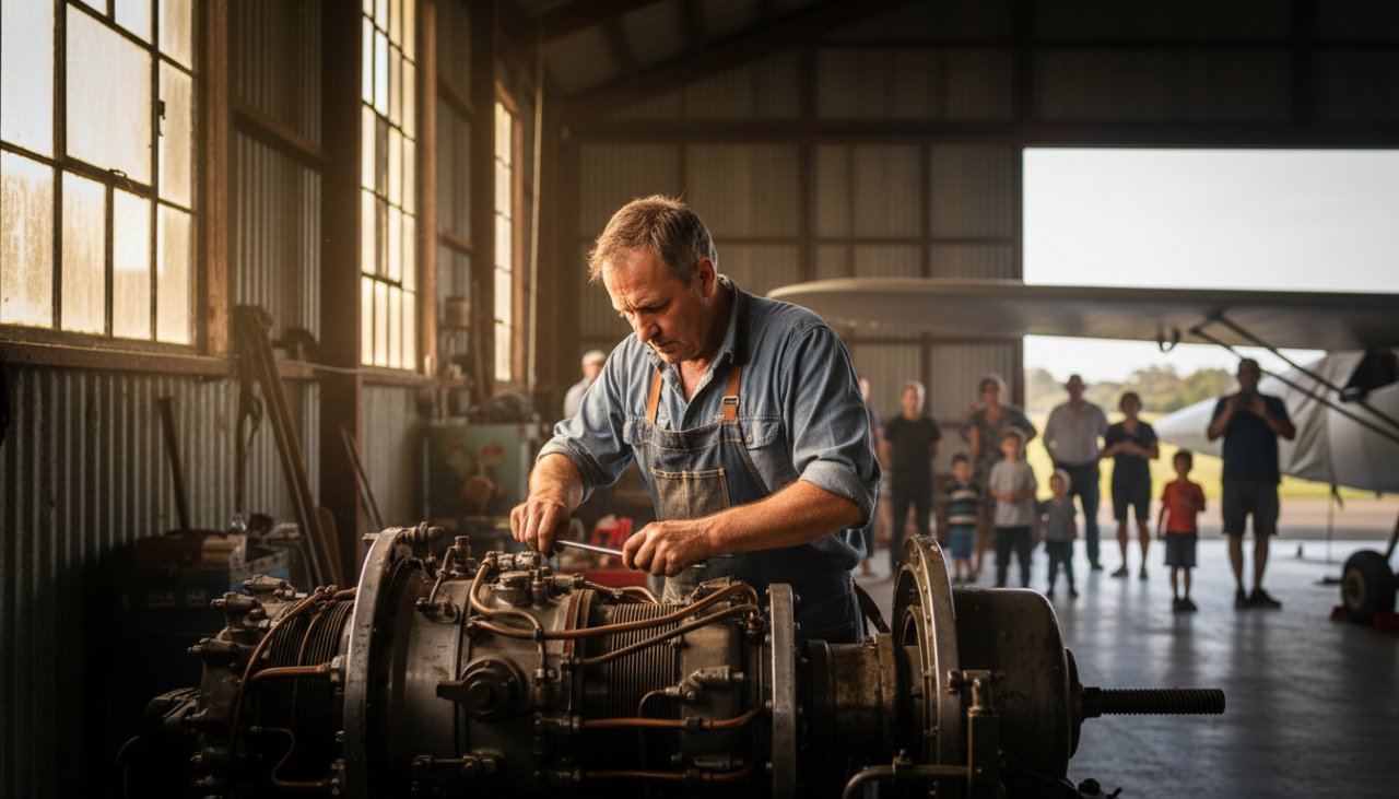 Dynamic wide shot capturing an epic moment of a local artisan working on a classic car at a community event in Tyabb, Victoria, bathed in golden hour light, showcasing Tyabb Victoria Editorial Photography Local Stories with authenticity and visual impact.