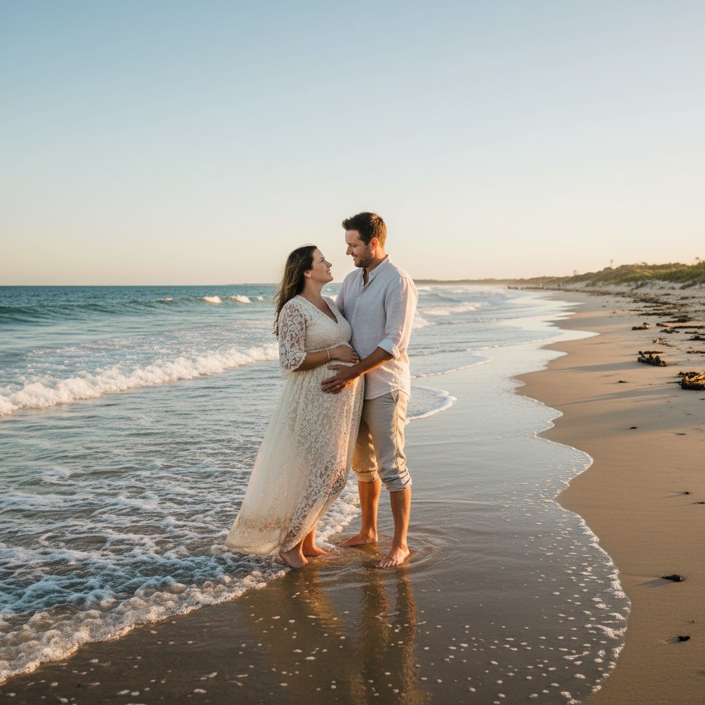 A loving couple embracing during an outdoor maternity photoshoot on a golden Australian beach, with gentle waves and a clear sky in the background, capturing a natural and candid moment of connection and anticipation. The focus is on their interaction and the beautiful Australian coastal setting.