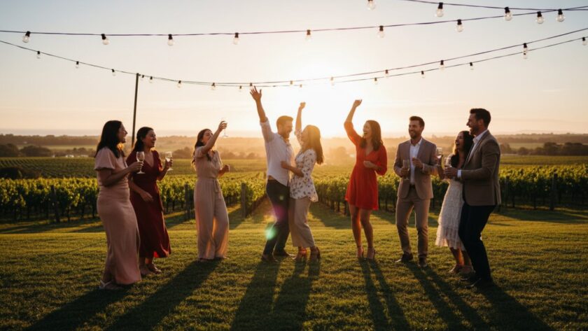 A joyous group of friends laughing and embracing under festive string lights at a Balnarring beachside party, showcasing Unforgettable Balnarring Party Photography Moments. Dramatic twilight lighting captures their expressions, with the ocean in the soft background.