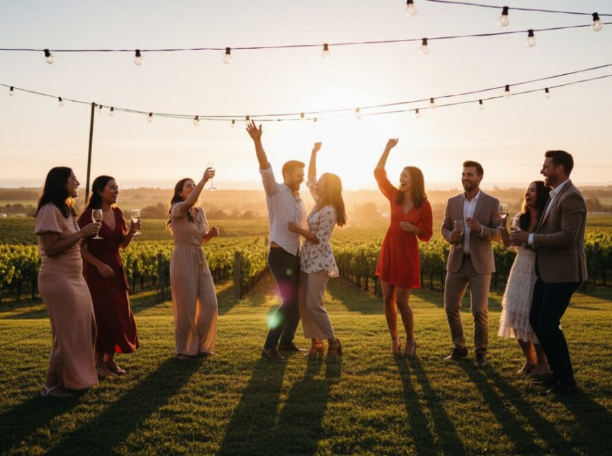 A joyous group of friends laughing and embracing under festive string lights at a Balnarring beachside party, showcasing Unforgettable Balnarring Party Photography Moments. Dramatic twilight lighting captures their expressions, with the ocean in the soft background.