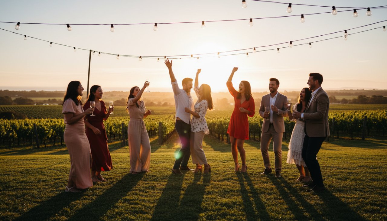 A joyous group of friends laughing and embracing under festive string lights at a Balnarring beachside party, showcasing Unforgettable Balnarring Party Photography Moments. Dramatic twilight lighting captures their expressions, with the ocean in the soft background.
