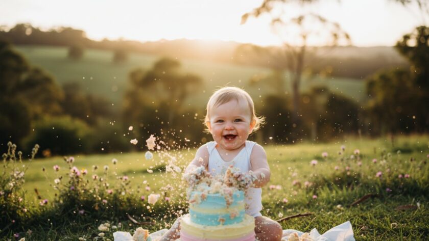 A wide-angle, vibrant photograph capturing an unforgettable cake smash photography Castella moment, where a gleeful baby, covered in frosting, laughs amidst a beautifully styled outdoor setup in a sun-dappled Castella garden, crumbs flying, pure joy radiating.