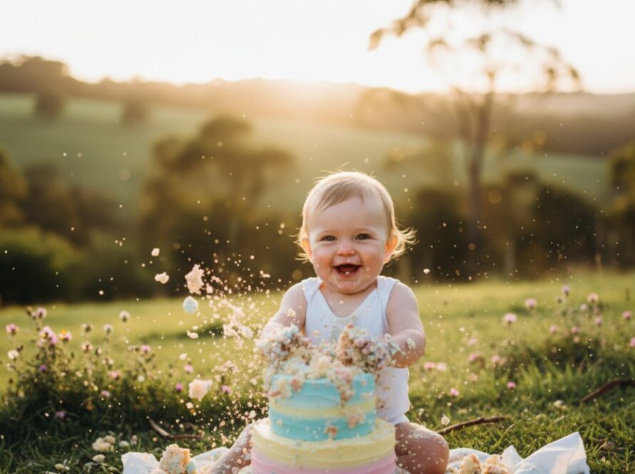 A wide-angle, vibrant photograph capturing an unforgettable cake smash photography Castella moment, where a gleeful baby, covered in frosting, laughs amidst a beautifully styled outdoor setup in a sun-dappled Castella garden, crumbs flying, pure joy radiating.