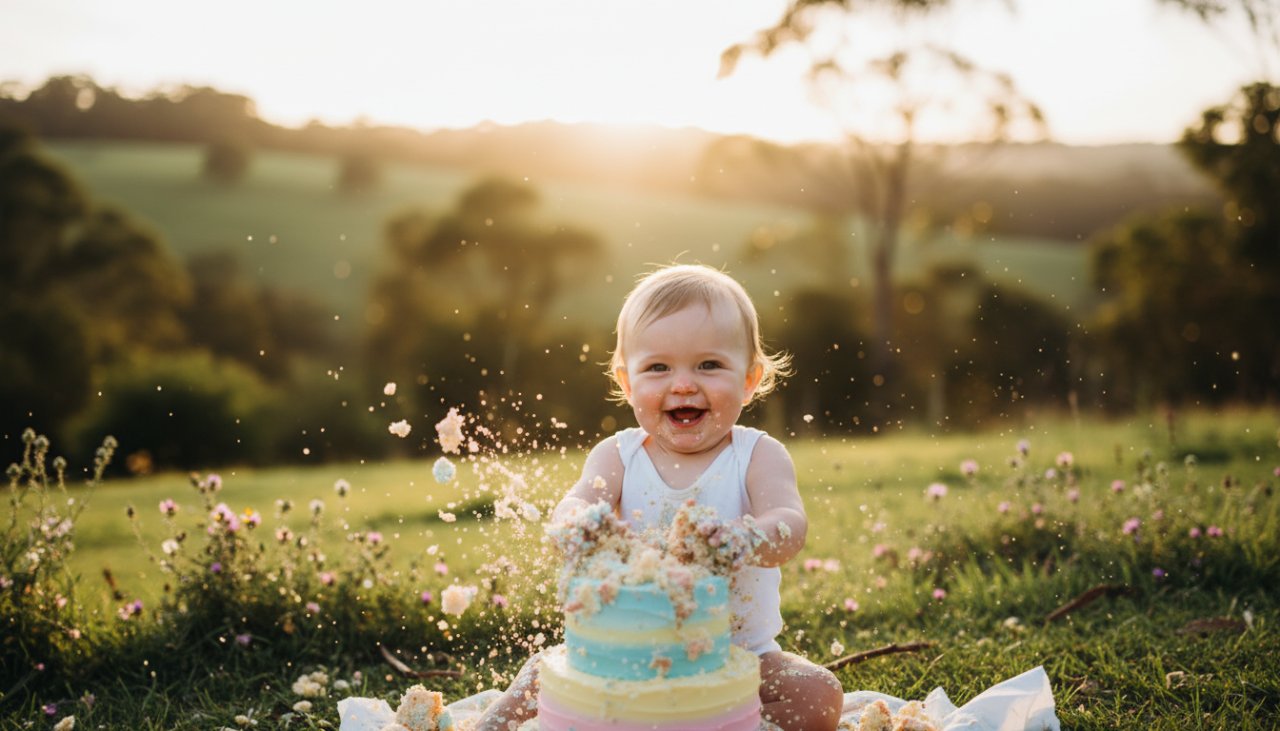 A wide-angle, vibrant photograph capturing an unforgettable cake smash photography Castella moment, where a gleeful baby, covered in frosting, laughs amidst a beautifully styled outdoor setup in a sun-dappled Castella garden, crumbs flying, pure joy radiating.