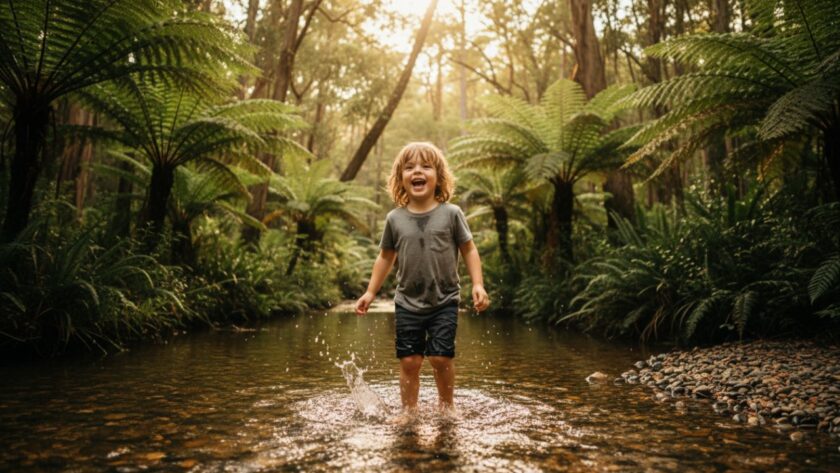 An unforgettable candid kids photography Selby nature adventures moment: a child, mid-laugh, splashes joyfully in a sun-dappled creek surrounded by lush Dandenong Ranges foliage, captured in a vibrant, cinematic style.