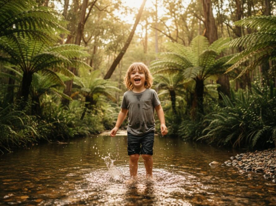 An unforgettable candid kids photography Selby nature adventures moment: a child, mid-laugh, splashes joyfully in a sun-dappled creek surrounded by lush Dandenong Ranges foliage, captured in a vibrant, cinematic style.