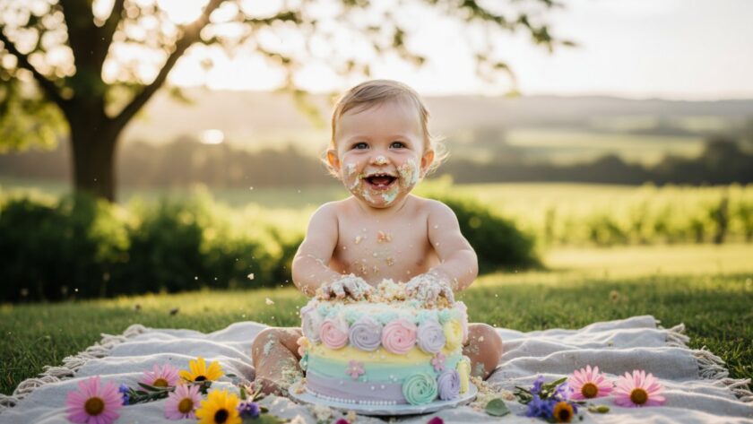 An unforgettable Coldstream cake smash photography experience featuring a beaming one-year-old child covered in cake, joyfully smashing a colourful birthday cake outdoors in a sunlit Coldstream garden, capturing an epic, messy, and pure moment of delight.