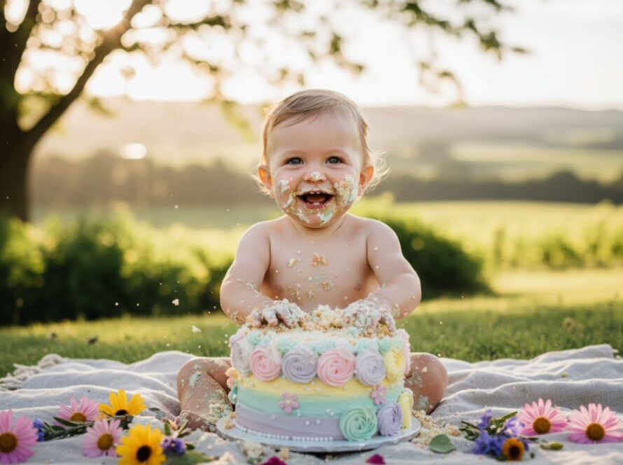 An unforgettable Coldstream cake smash photography experience featuring a beaming one-year-old child covered in cake, joyfully smashing a colourful birthday cake outdoors in a sunlit Coldstream garden, capturing an epic, messy, and pure moment of delight.