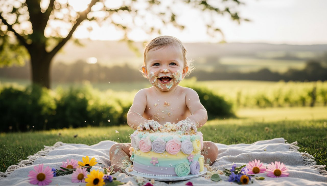 An unforgettable Coldstream cake smash photography experience featuring a beaming one-year-old child covered in cake, joyfully smashing a colourful birthday cake outdoors in a sunlit Coldstream garden, capturing an epic, messy, and pure moment of delight.