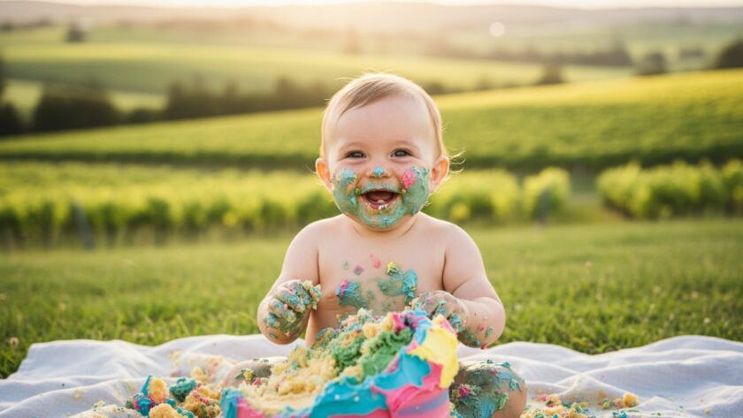 An epic moment captured during an unforgettable first birthday cake smash photography Dixons Creek session, featuring a joyous baby covered in cake amidst a beautiful, natural setting with golden hour light.