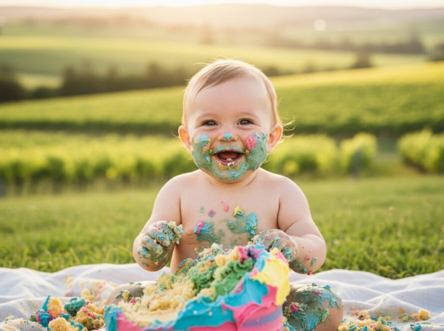 An epic moment captured during an unforgettable first birthday cake smash photography Dixons Creek session, featuring a joyous baby covered in cake amidst a beautiful, natural setting with golden hour light.