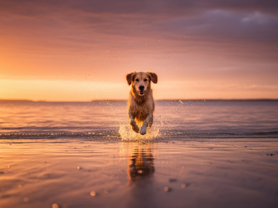 An energetic golden retriever mid-stride, joyfully splashing through shallow water on the Bittern foreshore at sunset, capturing an Unforgettable Pet Photography Bittern Victoria moment of pure canine bliss and freedom.