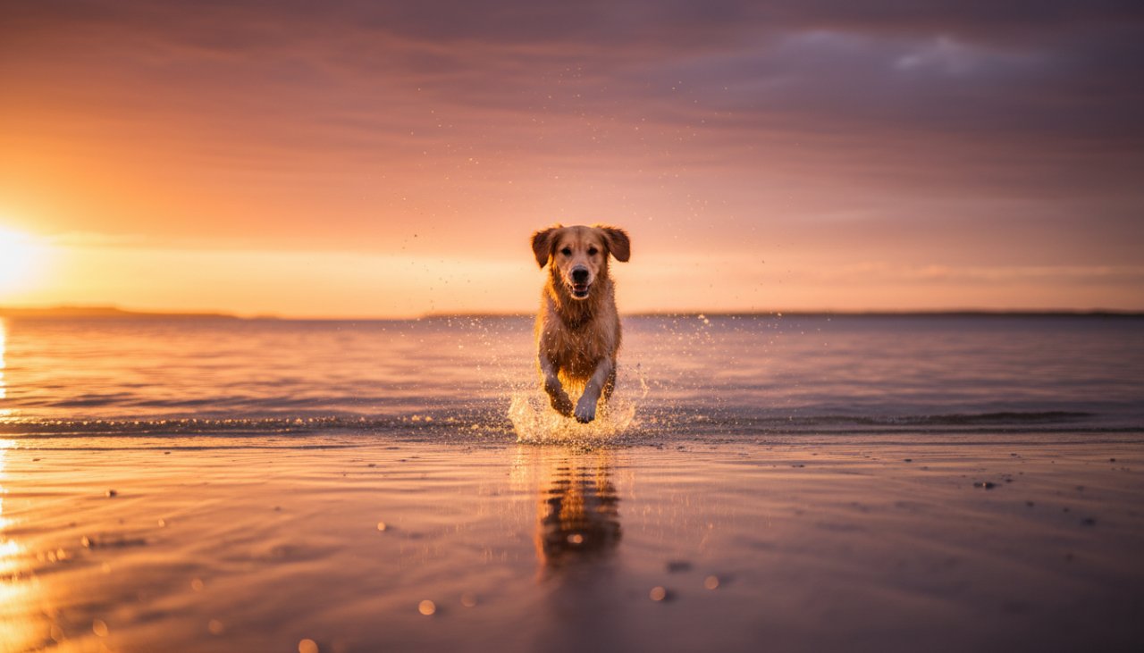An energetic golden retriever mid-stride, joyfully splashing through shallow water on the Bittern foreshore at sunset, capturing an Unforgettable Pet Photography Bittern Victoria moment of pure canine bliss and freedom.