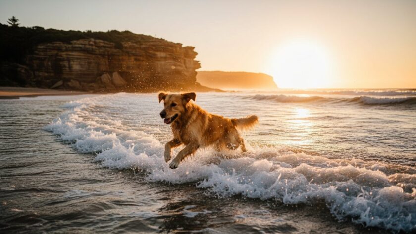 An unforgettable pet photography Portsea back beach scene, showcasing a golden retriever joyfully leaping through the clear blue waves at sunset, ocean spray catching the light, with rugged cliffs in the background.