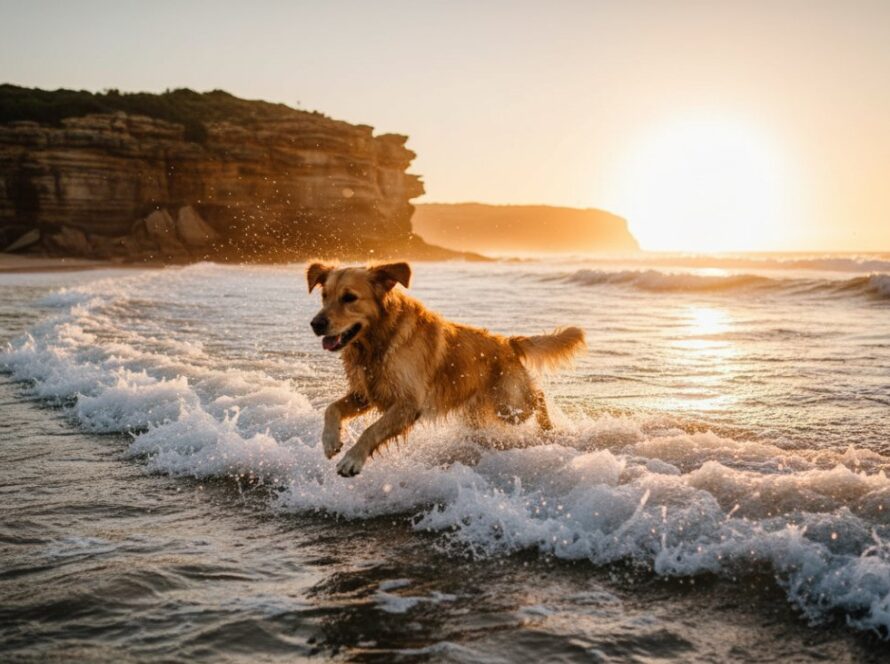 An unforgettable pet photography Portsea back beach scene, showcasing a golden retriever joyfully leaping through the clear blue waves at sunset, ocean spray catching the light, with rugged cliffs in the background.