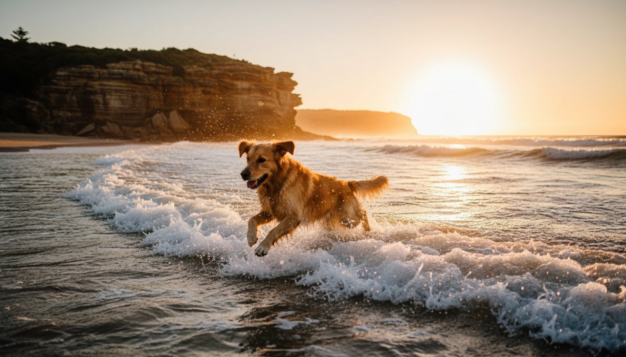 An unforgettable pet photography Portsea back beach scene, showcasing a golden retriever joyfully leaping through the clear blue waves at sunset, ocean spray catching the light, with rugged cliffs in the background.