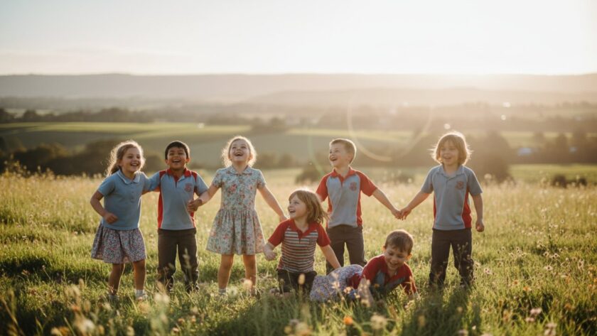 An unforgettable school portraits Tarrawarra Victoria moment, capturing a group of happy primary school children laughing naturally under the iconic gum trees, late afternoon golden hour lighting, depicting joy and friendship in a sun-drenched, cinematic style.