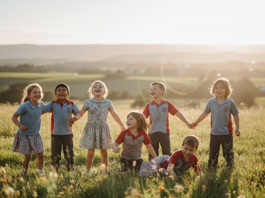 An unforgettable school portraits Tarrawarra Victoria moment, capturing a group of happy primary school children laughing naturally under the iconic gum trees, late afternoon golden hour lighting, depicting joy and friendship in a sun-drenched, cinematic style.