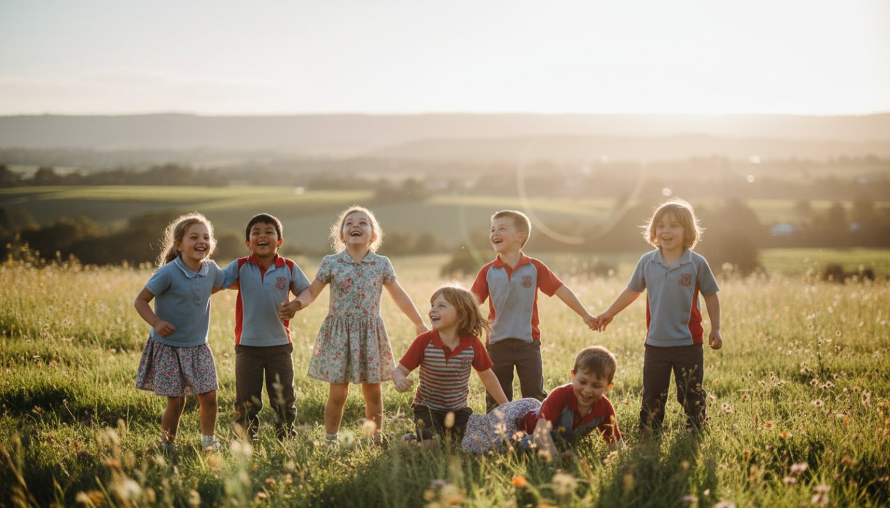 An unforgettable school portraits Tarrawarra Victoria moment, capturing a group of happy primary school children laughing naturally under the iconic gum trees, late afternoon golden hour lighting, depicting joy and friendship in a sun-drenched, cinematic style.