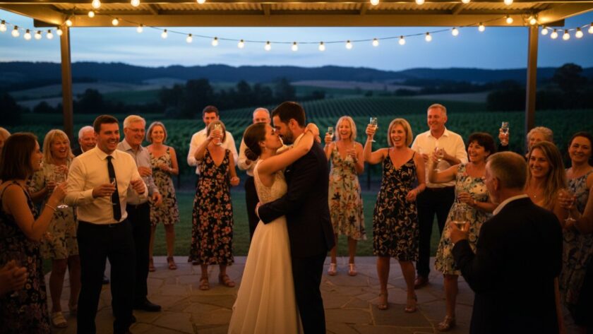 A candid, emotionally resonant photograph capturing an epic moment of joy and laughter at a vibrant outdoor celebration in Tarrawarra, Victoria, featuring guests dancing under festive lights, perfectly exemplifying unforgettable Tarrawarra party photography.