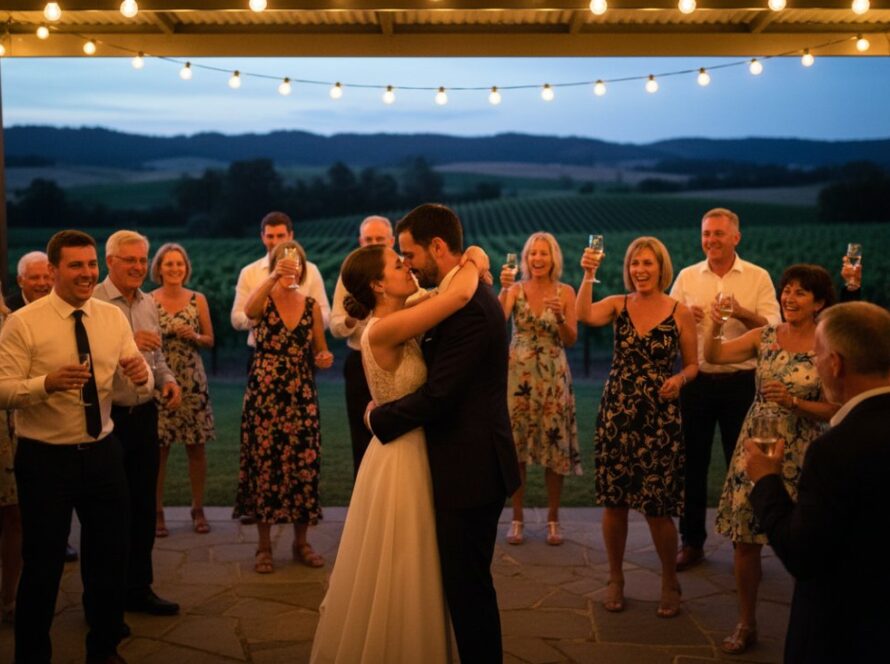 A candid, emotionally resonant photograph capturing an epic moment of joy and laughter at a vibrant outdoor celebration in Tarrawarra, Victoria, featuring guests dancing under festive lights, perfectly exemplifying unforgettable Tarrawarra party photography.