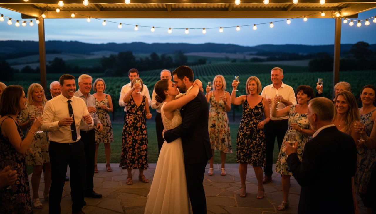 A candid, emotionally resonant photograph capturing an epic moment of joy and laughter at a vibrant outdoor celebration in Tarrawarra, Victoria, featuring guests dancing under festive lights, perfectly exemplifying unforgettable Tarrawarra party photography.