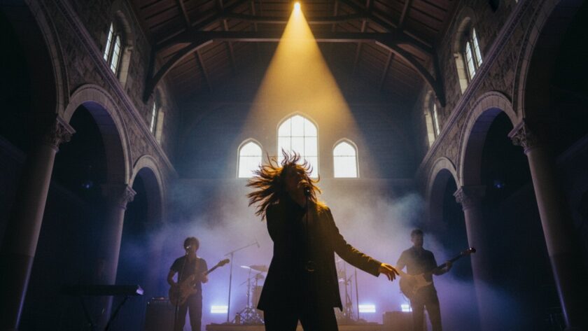 A dramatic wide shot of a band performing on stage within a historic stone building at HMAS Cerberus, with the lead singer bathed in spotlights, showcasing unique concert photography HMAS Cerberus events with a focus on historical architecture and vibrant performance.
