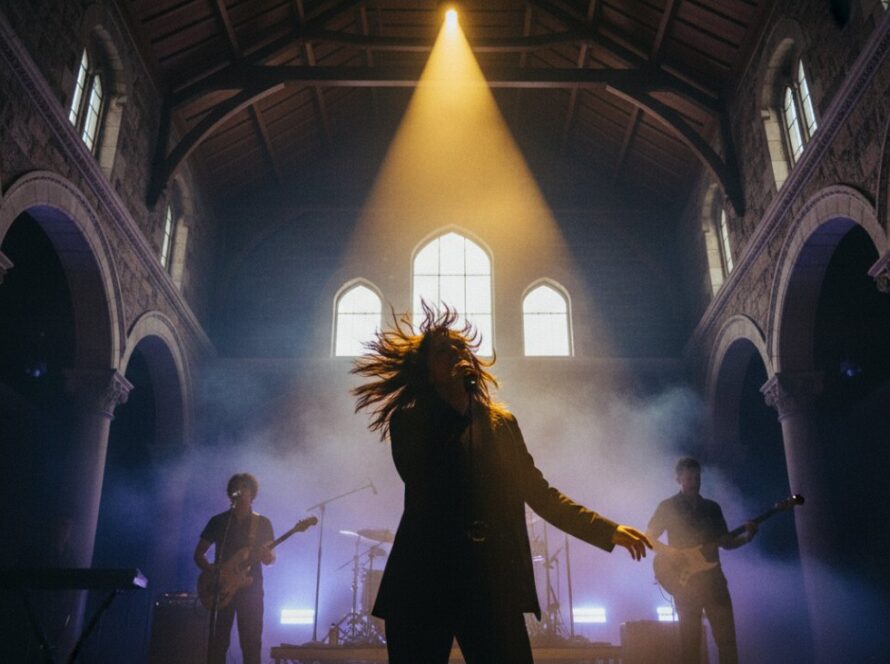 A dramatic wide shot of a band performing on stage within a historic stone building at HMAS Cerberus, with the lead singer bathed in spotlights, showcasing unique concert photography HMAS Cerberus events with a focus on historical architecture and vibrant performance.