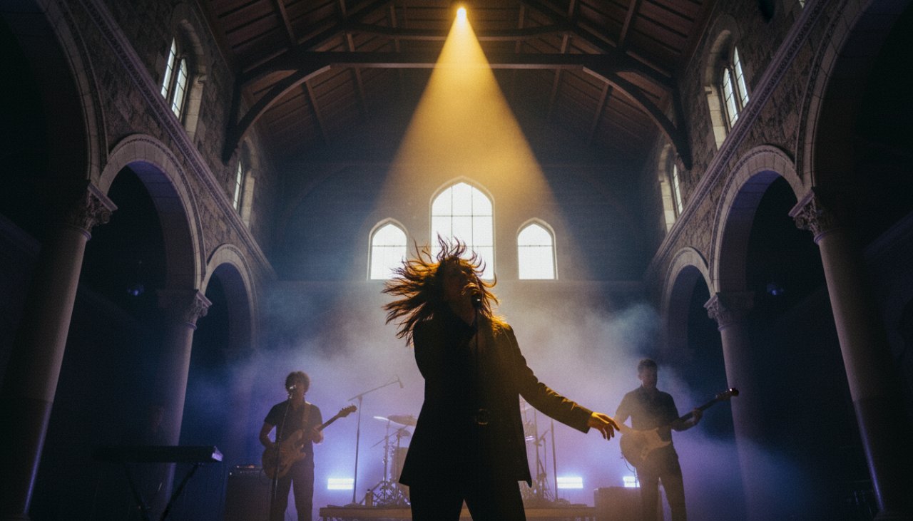 A dramatic wide shot of a band performing on stage within a historic stone building at HMAS Cerberus, with the lead singer bathed in spotlights, showcasing unique concert photography HMAS Cerberus events with a focus on historical architecture and vibrant performance.