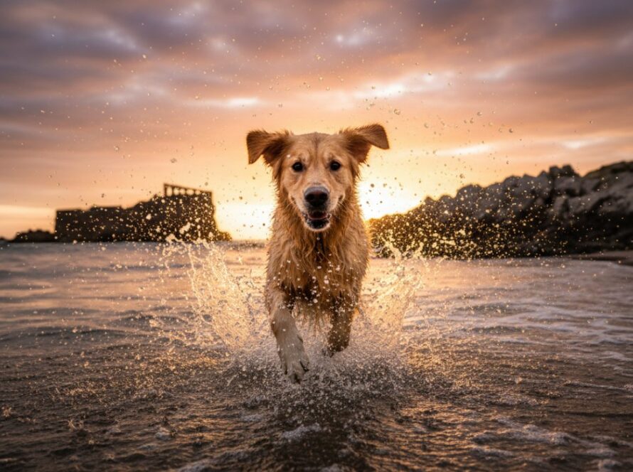 An epic moment: A golden retriever joyfully running on the beach at HMAS Cerberus, waves crashing in the background, captured as part of a unique pet portraits HMAS Cerberus coastal backdrop session, with dramatic sunset lighting.