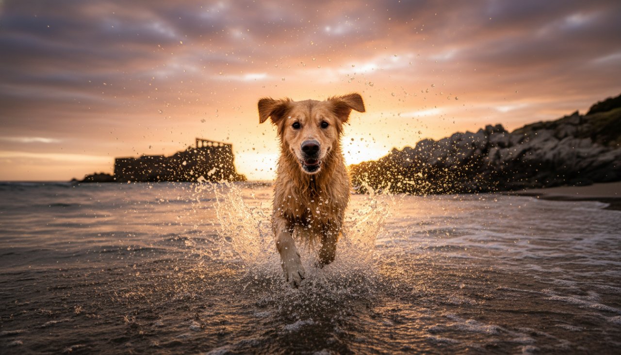 An epic moment: A golden retriever joyfully running on the beach at HMAS Cerberus, waves crashing in the background, captured as part of a unique pet portraits HMAS Cerberus coastal backdrop session, with dramatic sunset lighting.