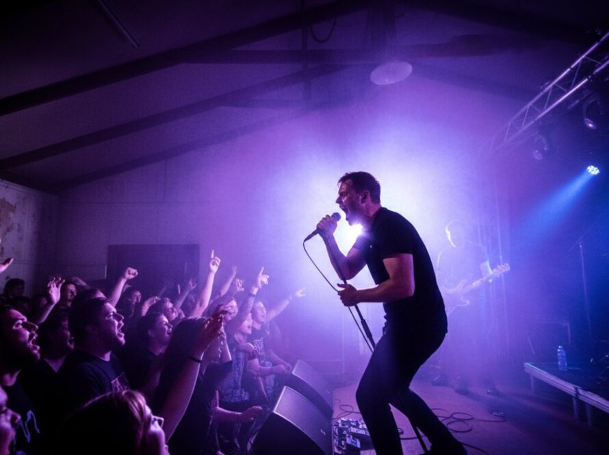 Dynamic wide-angle photograph capturing the intense, raw energy of a rock band performing live on stage at a local venue in Sherbrooke, Victoria, Australia. The lead singer is silhouetted against vibrant stage lights, their arm raised in a powerful gesture, as the crowd in the foreground is blurred with motion, showing the electric atmosphere of 'Unlocking Sherbrooke Live Music Photography Secrets'.