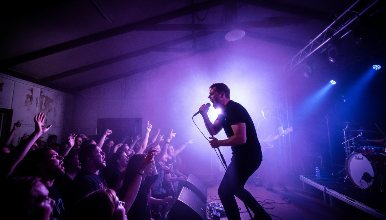 Dynamic wide-angle photograph capturing the intense, raw energy of a rock band performing live on stage at a local venue in Sherbrooke, Victoria, Australia. The lead singer is silhouetted against vibrant stage lights, their arm raised in a powerful gesture, as the crowd in the foreground is blurred with motion, showing the electric atmosphere of 'Unlocking Sherbrooke Live Music Photography Secrets'.
