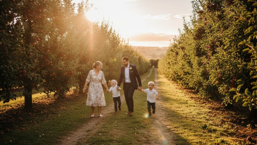 A heartwarming, candid photograph capturing a family laughing joyfully amidst the lush vineyards of Wandin North, Victoria, epitomising Unposed Wandin North Family Moments Photography. Golden hour light illuminates their genuine connection.