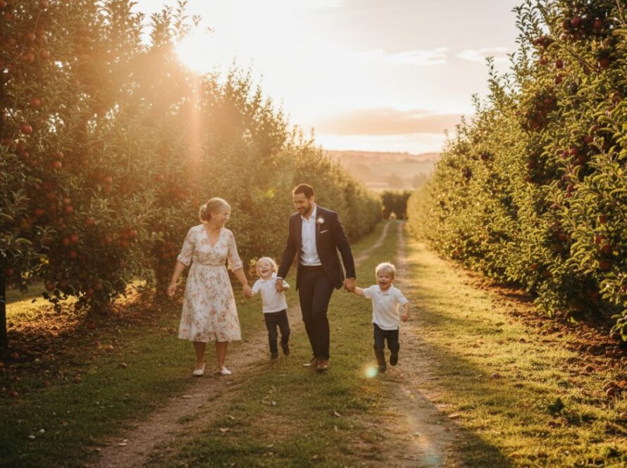 A heartwarming, candid photograph capturing a family laughing joyfully amidst the lush vineyards of Wandin North, Victoria, epitomising Unposed Wandin North Family Moments Photography. Golden hour light illuminates their genuine connection.